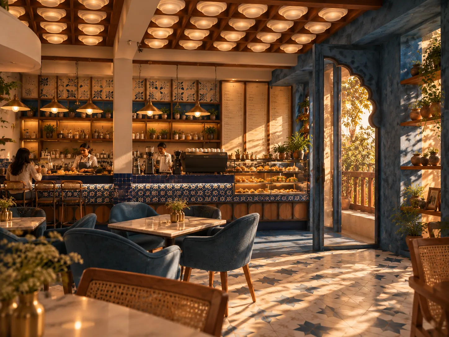 Inside Mysore Milk Bar: blue velvet chairs, marble tables, a tiled counter in blue and white, and a coffered wooden ceiling