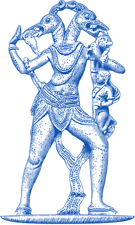 The Gandabherunda, an ancient mythical two-headed creature, drawn in blue from an old stone carving