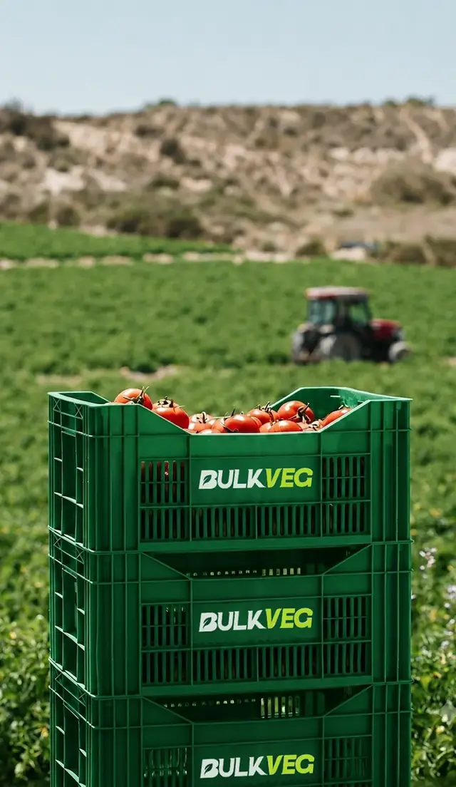 Bulkveg crates stacked in the field