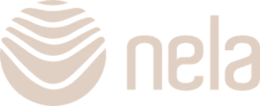 The Nela logo in cream on orange