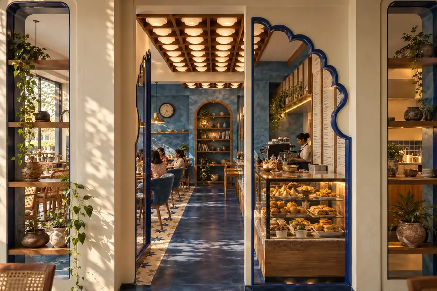 An arched doorway into the cafe, in the evening, as designed