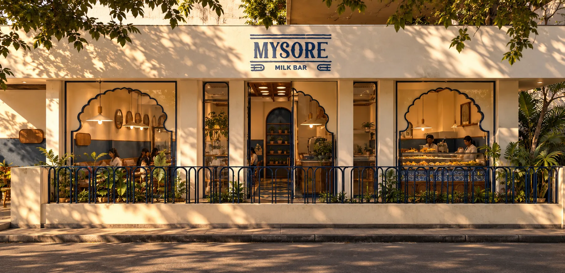 Mysore Milk Bar from the street, as designed: a cream shopfront with the name in blue, scalloped arched windows and a blue railing