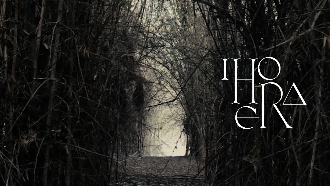 A path through a thicket of bare bamboo, a figure standing far down it in the mist, the Ihoera logotype at the right