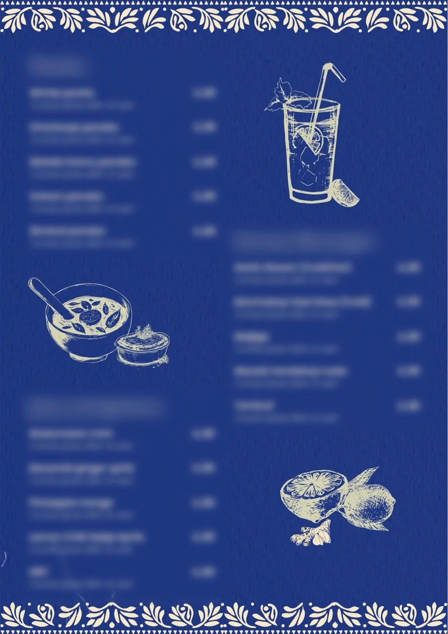 Standee in blue: panaka, savoury drinks, juices and spritzers, with line drawings of a glass, a jug and fruit