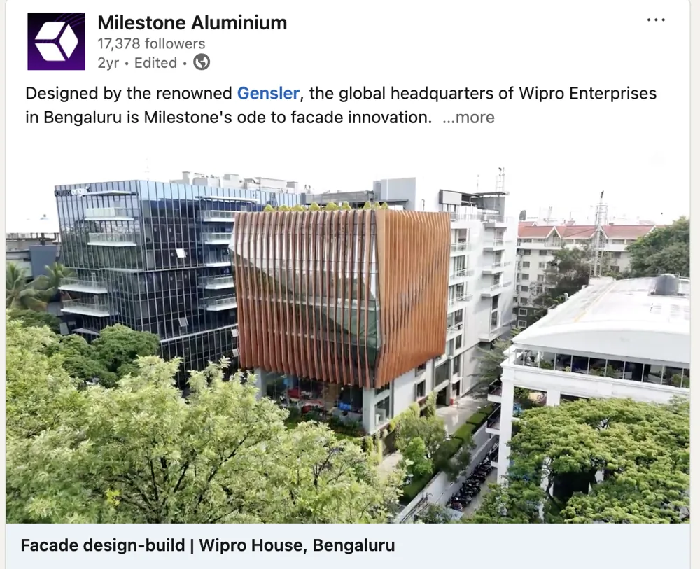 A Milestone Aluminium LinkedIn post with the Wipro House film