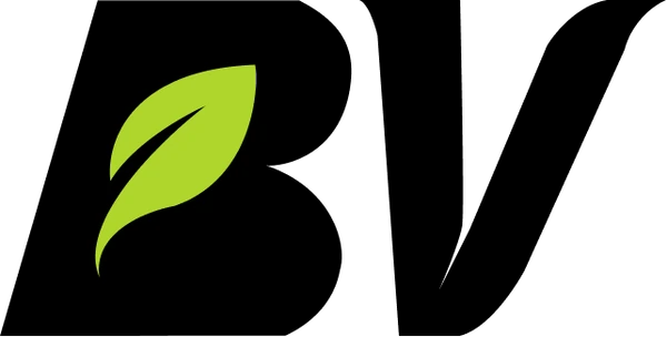 The BV mark in black with a green leaf, on white