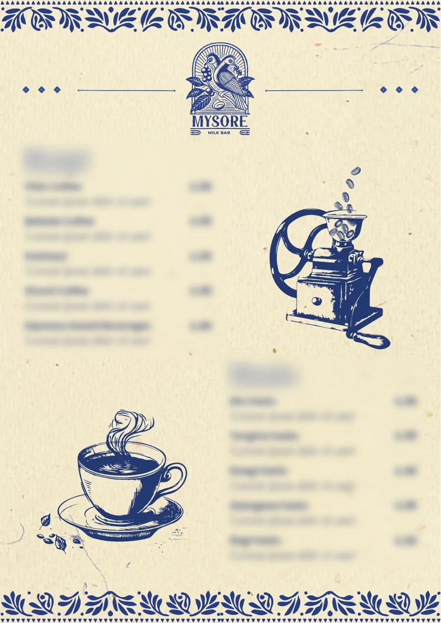 Table menu in cream: coffee and milk drinks, with drawings of a coffee grinder and a cup