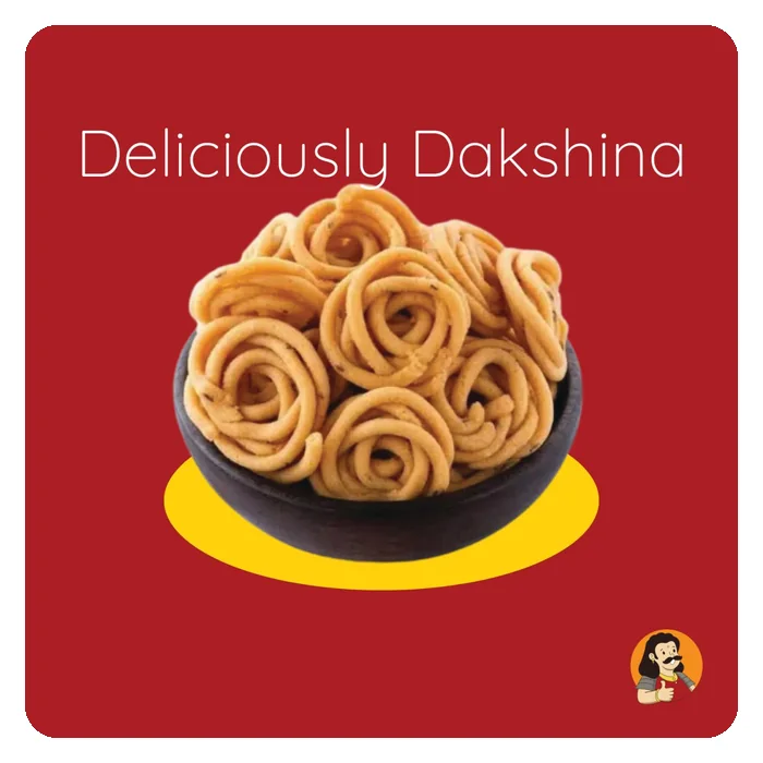 A social post: Deliciously Dakshina, over a bowl of murukku on the brand red, with the mascot in the corner