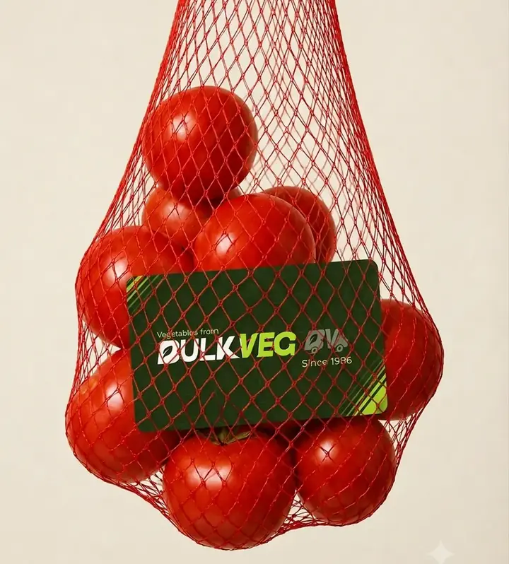Tomatoes in a net bag with the Bulkveg tag