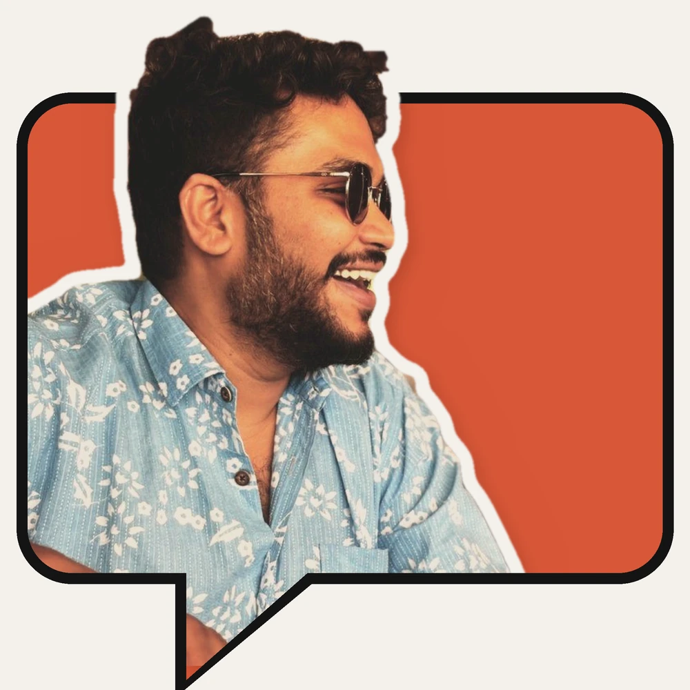 Nitin Krishna P, founder of Matash Enterprise Lab, laughing, leaning out of a Matash speech bubble